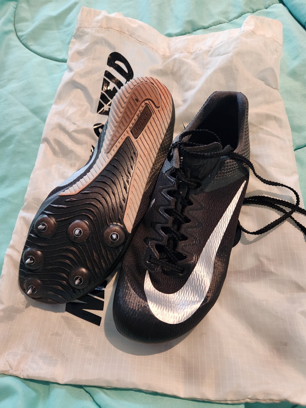 Nike Black Track Spikes with White Swoosh With Shoe Bag